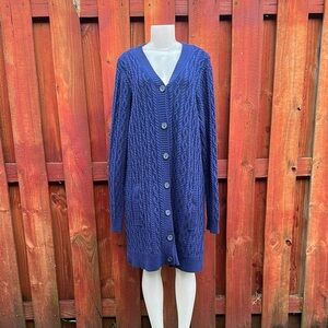 Navy Blue Cable Knit Cardigan Sweater V-Neck